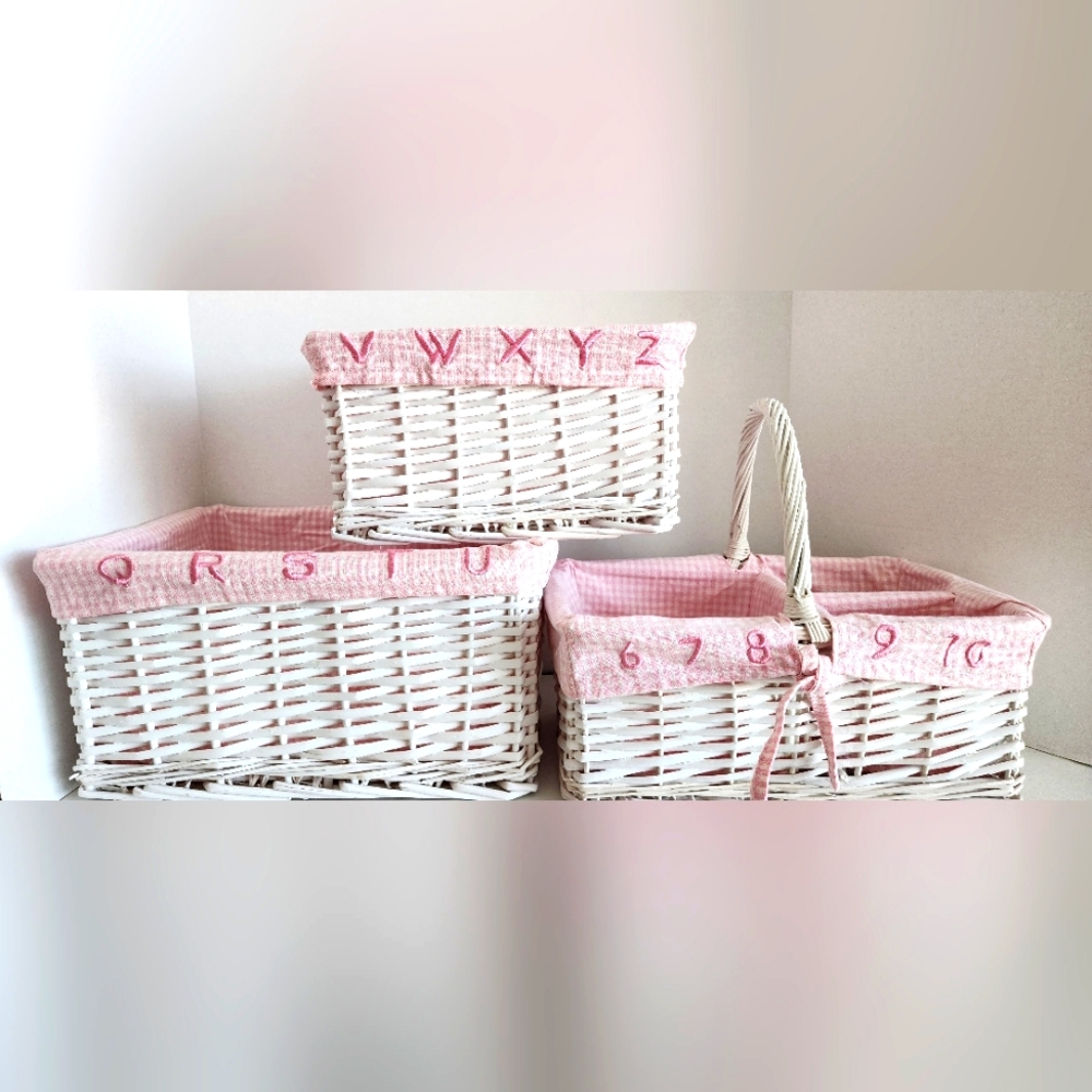 white wicker baskets with pink liner Storage Organizer Set Of 3